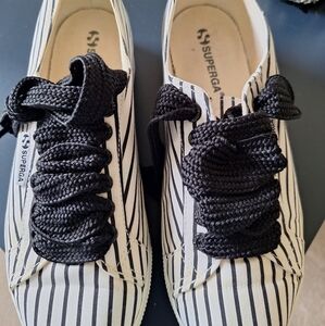 Superga Women's Striped Black and White Sneakers- Preloved 39 1/2